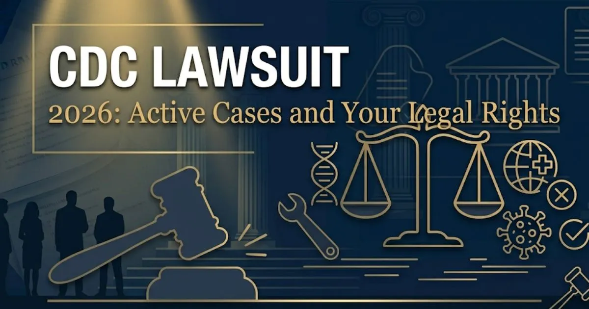 CDC lawsuit 2026 hero banner showing courthouse illustration with bold legal headline text on navy background