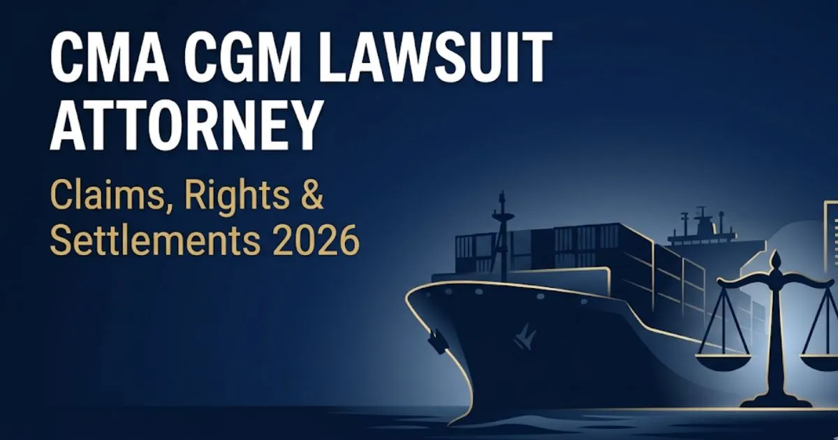 CMA CGM lawsuit attorney guide 2026 showing container ship silhouette with legal scales and rights claims overview banner
