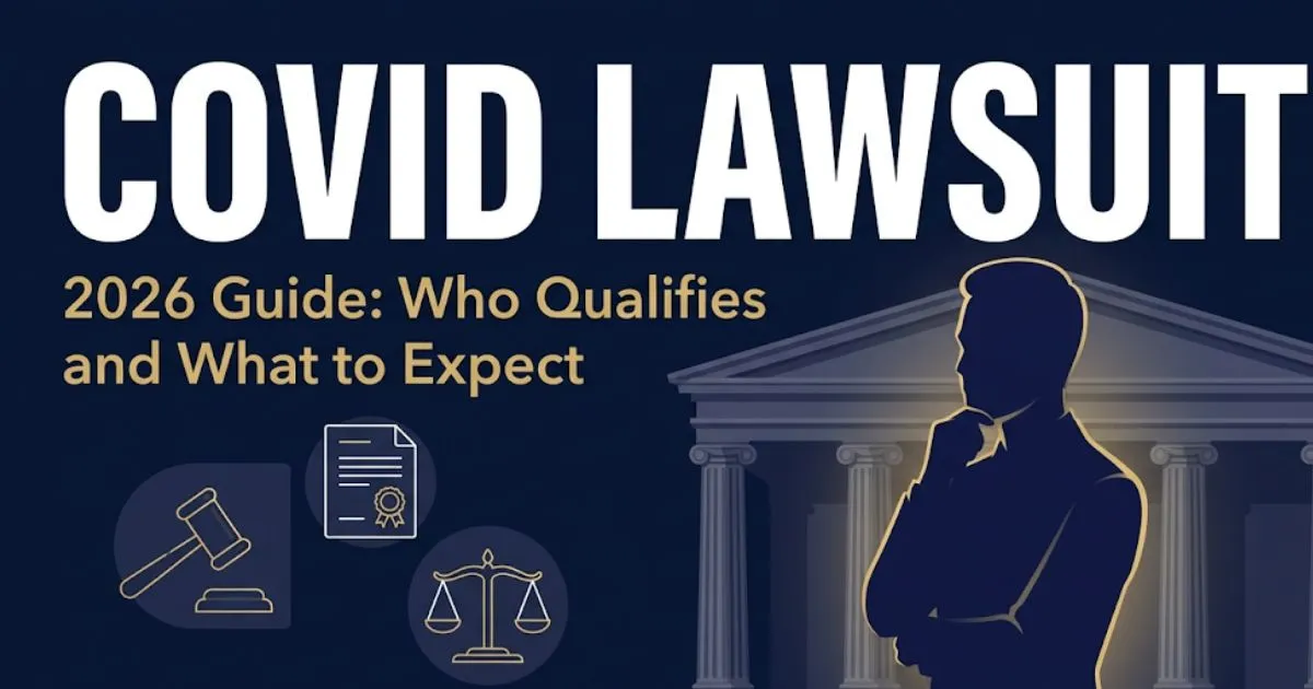 COVID lawsuit 2026 guide banner showing courthouse silhouette, legal icons, gavel, and bold headline text on navy background