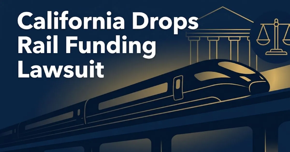 California drops rail funding lawsuit 2026 blog banner with train silhouette and legal scale icons on navy background