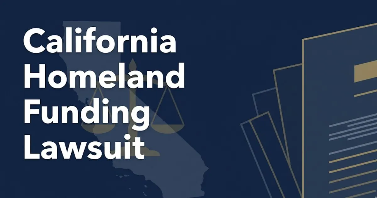 California homeland security funding lawsuit 2026 legal guide banner with state map and justice scale icons