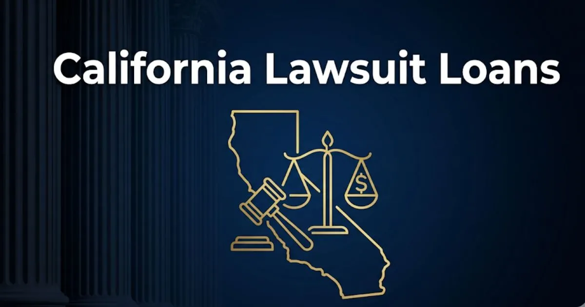 California lawsuit loans 2026 guide with legal symbols and state outline on navy background
