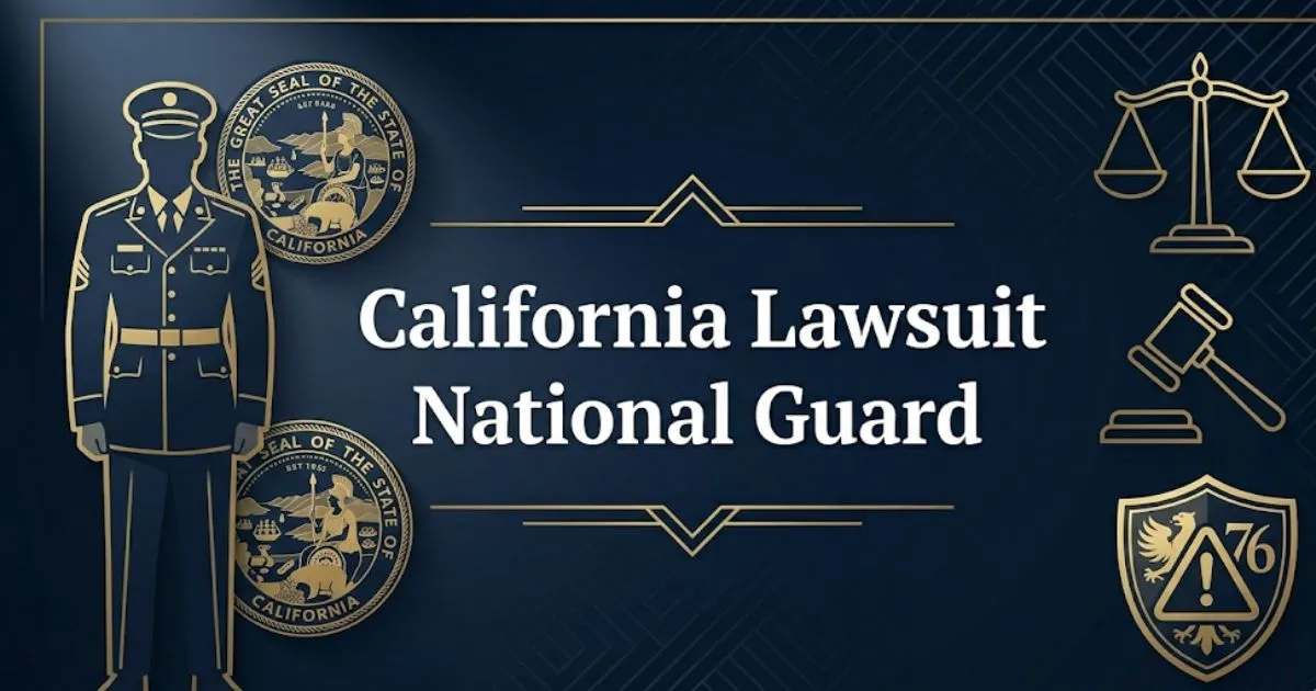 California lawsuit national guard 2026 legal guide banner with military silhouette and legal symbols on navy background