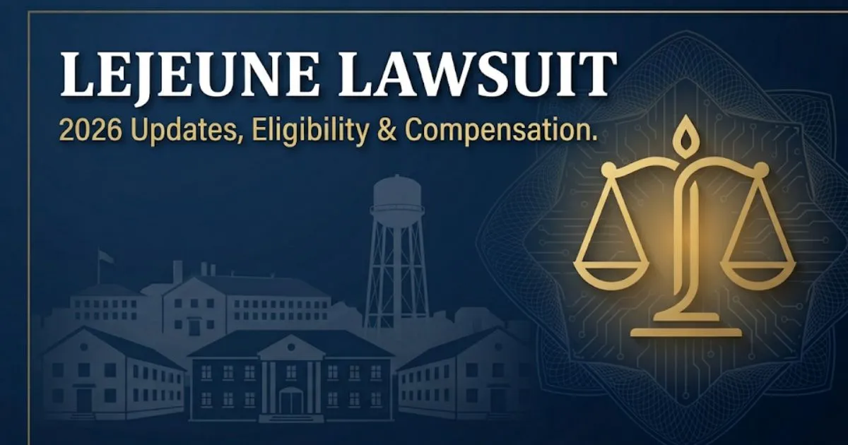 Camp Lejeune lawsuit 2026 eligibility and settlement update banner with legal scales and military base silhouette