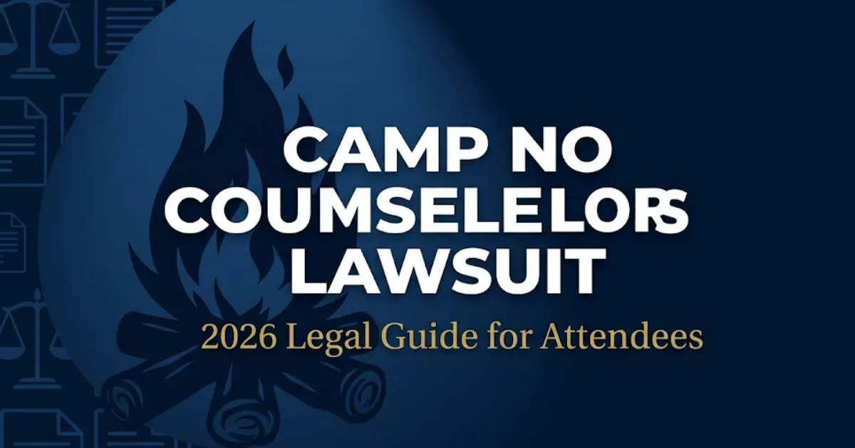 Camp No Counselors Lawsuit 2026 legal guide banner with scales of justice and campfire silhouette on navy background.