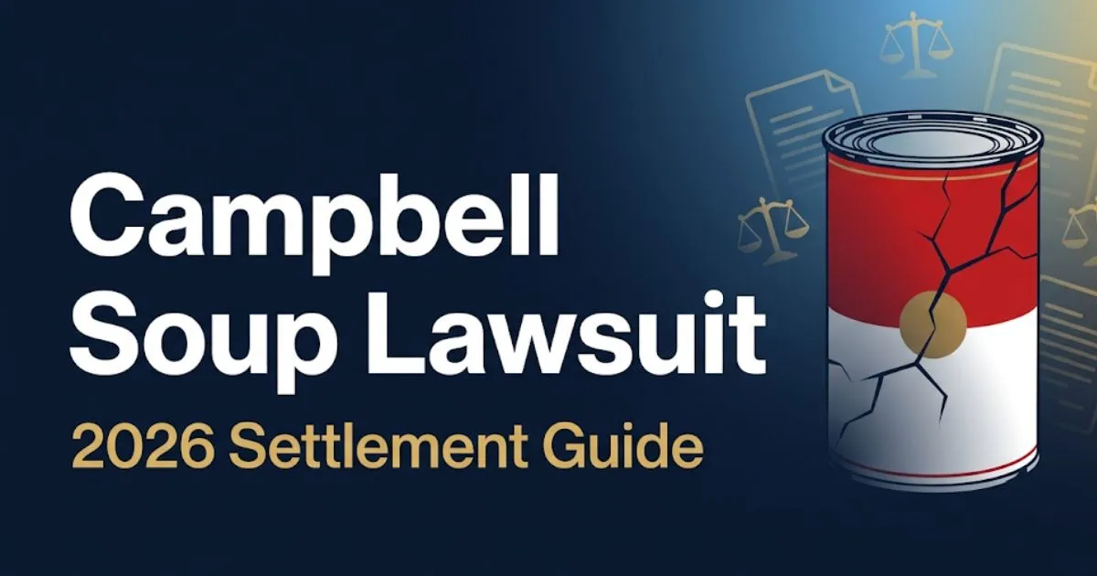 Campbell Soup Lawsuit 2026 settlement guide banner with legal symbols and stylized soup can silhouette on navy background