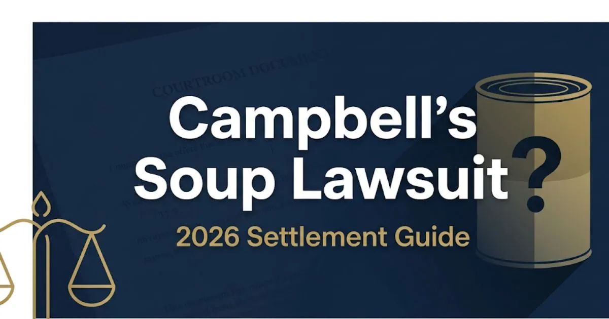 Campbell's Soup Lawsuit 2026 settlement guide banner with legal scales icon and navy background