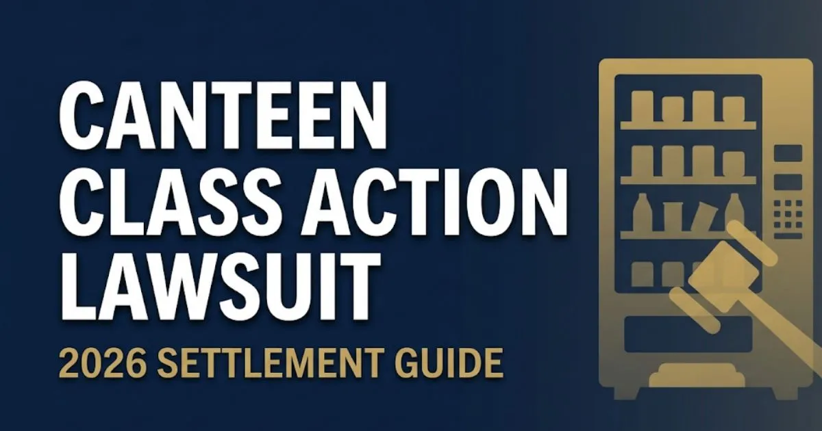 Canteen class action lawsuit 2026 settlement guide banner with vending machine silhouette and legal gavel on navy background
