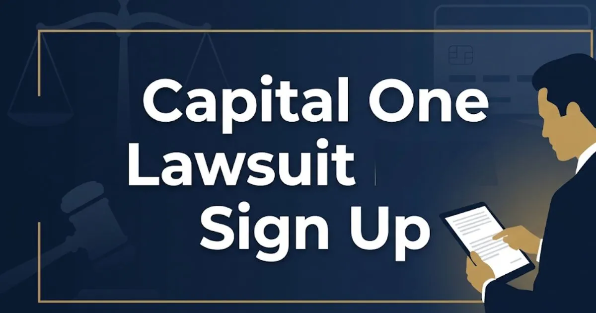 Capital One lawsuit sign up 2026 guide banner with legal scales and gavel imagery