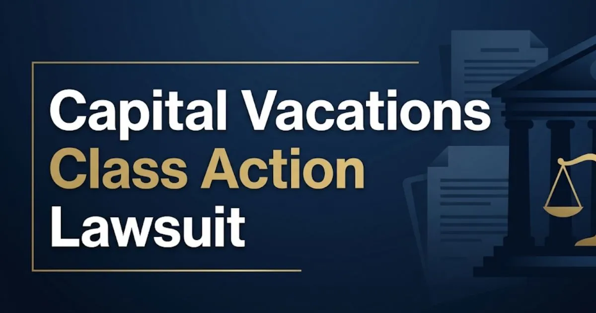 Capital Vacations class action lawsuit 2026 guide banner with courthouse silhouette and scales of justice on navy background