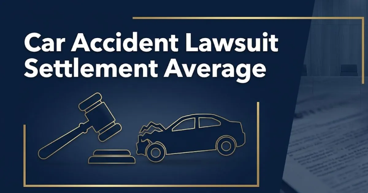 Car accident lawsuit settlement average 2026 guide banner with gavel and vehicle silhouette on navy background