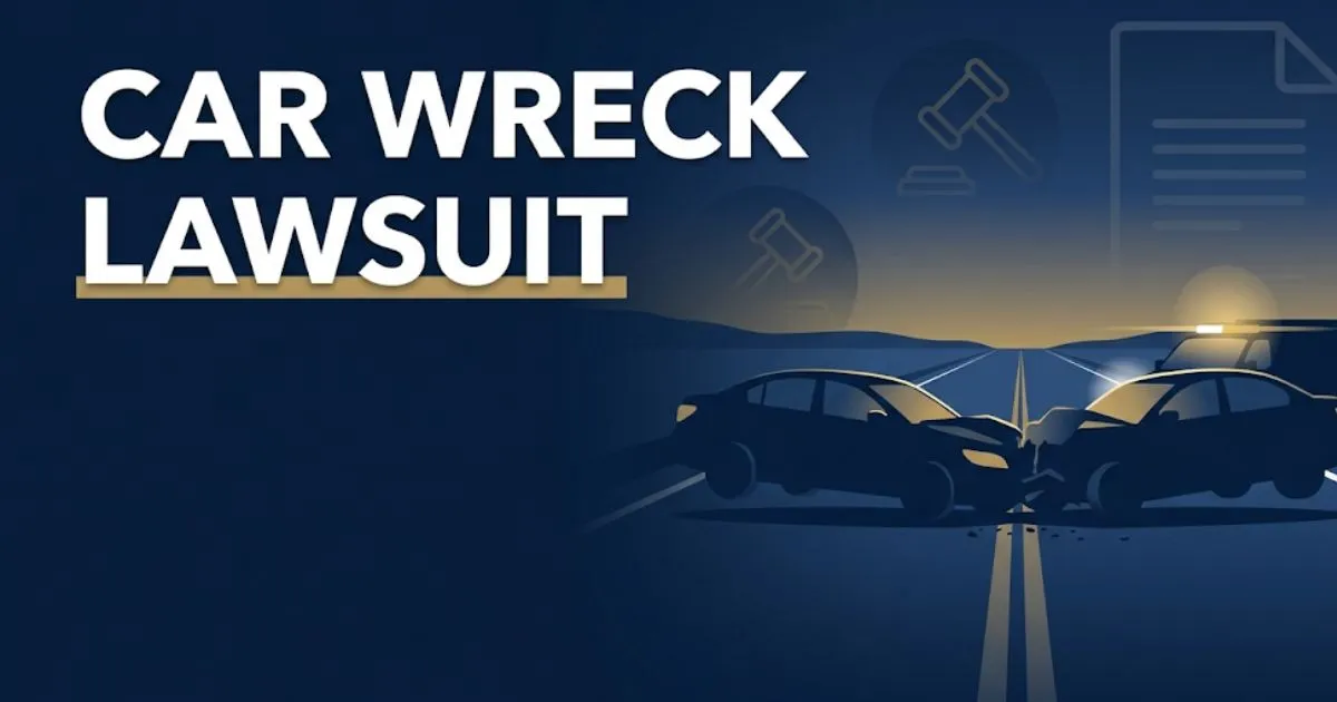 Car wreck lawsuit guide hero banner with crashed vehicle silhouettes and bold legal headline for 2026 claims