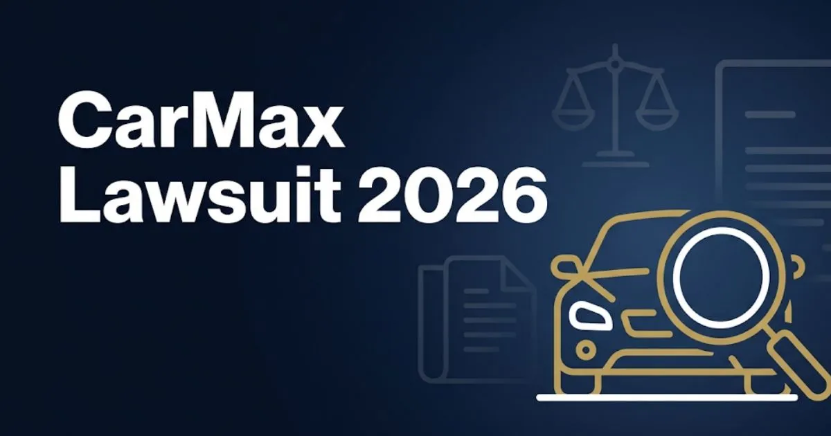 CarMax lawsuit 2026 editorial banner showing legal scale and car silhouette with bold headline text INPUT