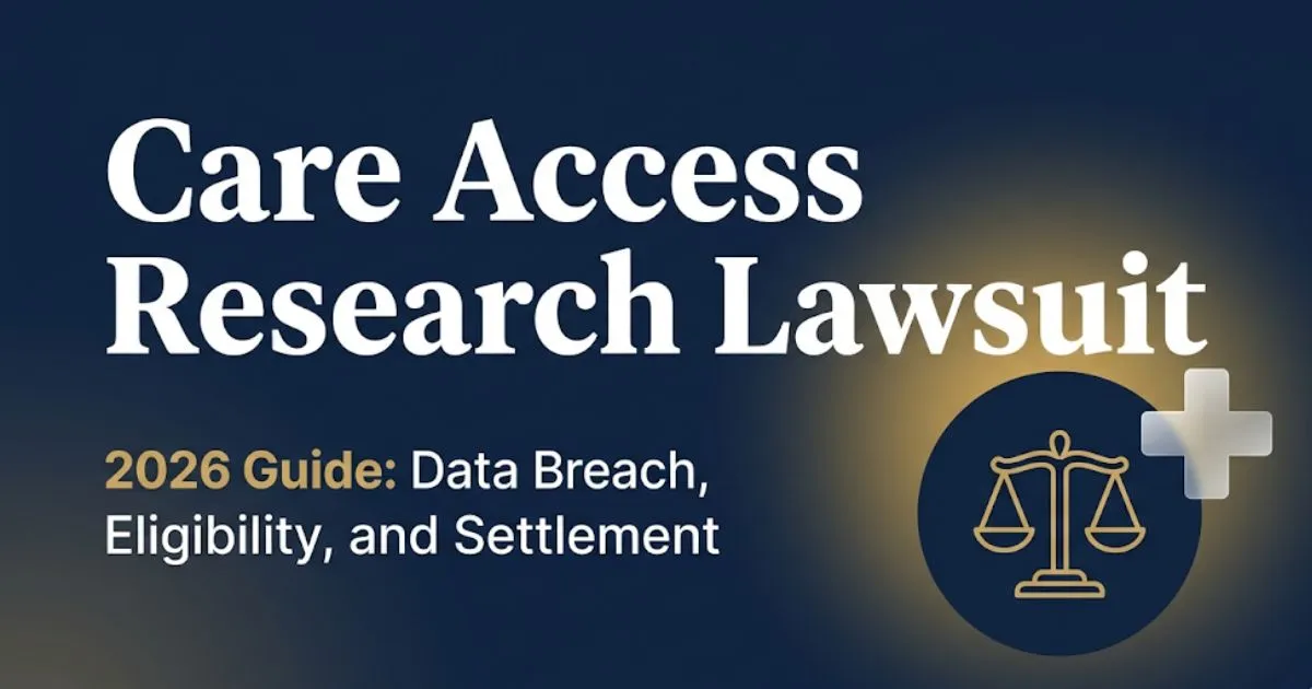 Care Access Research Lawsuit 2026 guide banner showing legal scales and medical cross icons on navy background