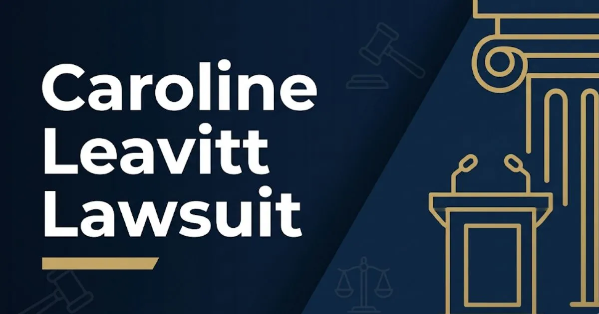 Caroline Leavitt Lawsuit 2026 legal case breakdown banner with courthouse icons on navy background