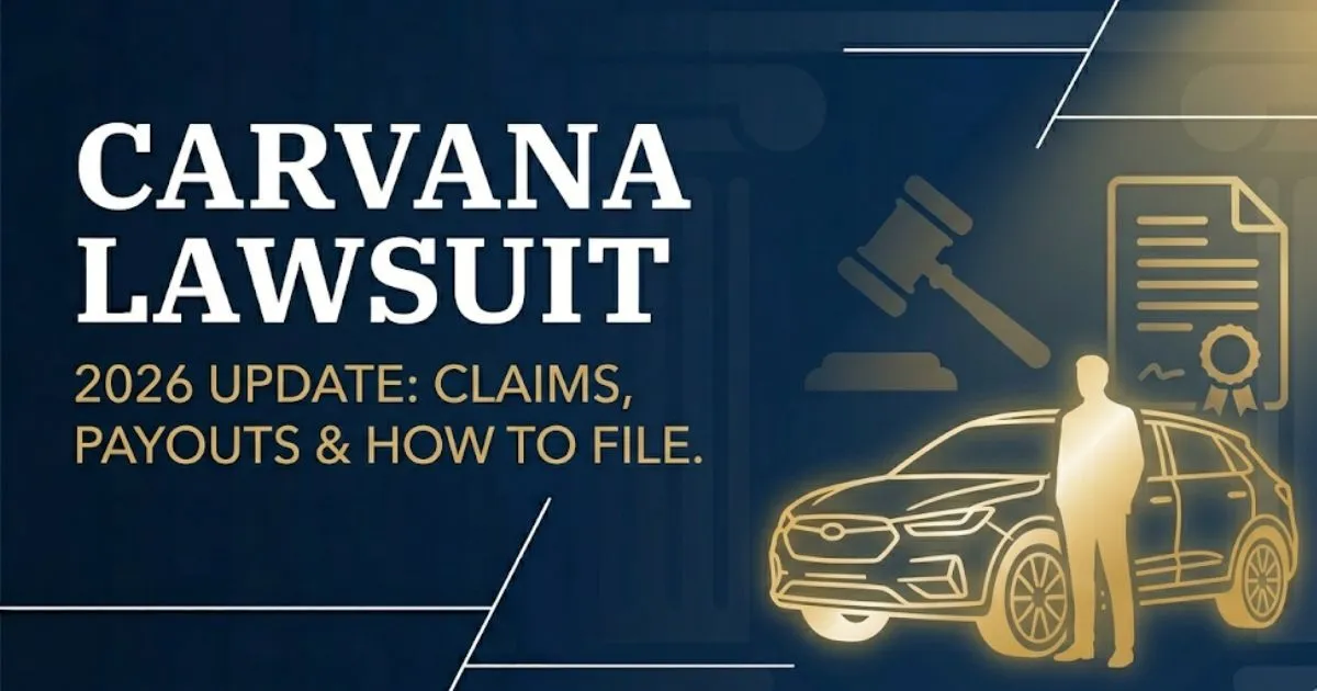 Carvana lawsuit 2026 blog banner with bold headline text, gavel icon, and legal symbols on navy background