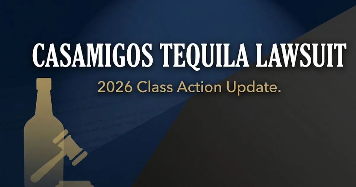 Casamigos tequila lawsuit 2026 class action banner with gavel and bottle silhouette on navy background