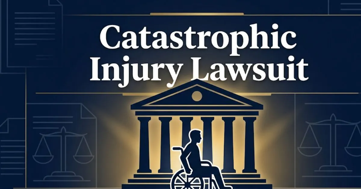 Catastrophic injury lawsuit guide banner with courthouse silhouette and legal symbols in navy and gold MAIN KEYWORD {{catastrophic injury lawsuit}} CLUSTER KEYWORDS {{paste cluster keywords,