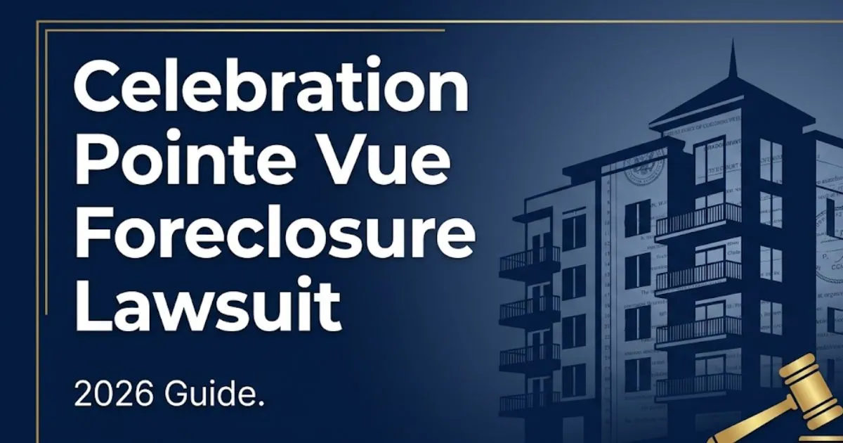 Celebration Pointe Vue foreclosure lawsuit 2026 guide banner with legal theme and condo silhouette