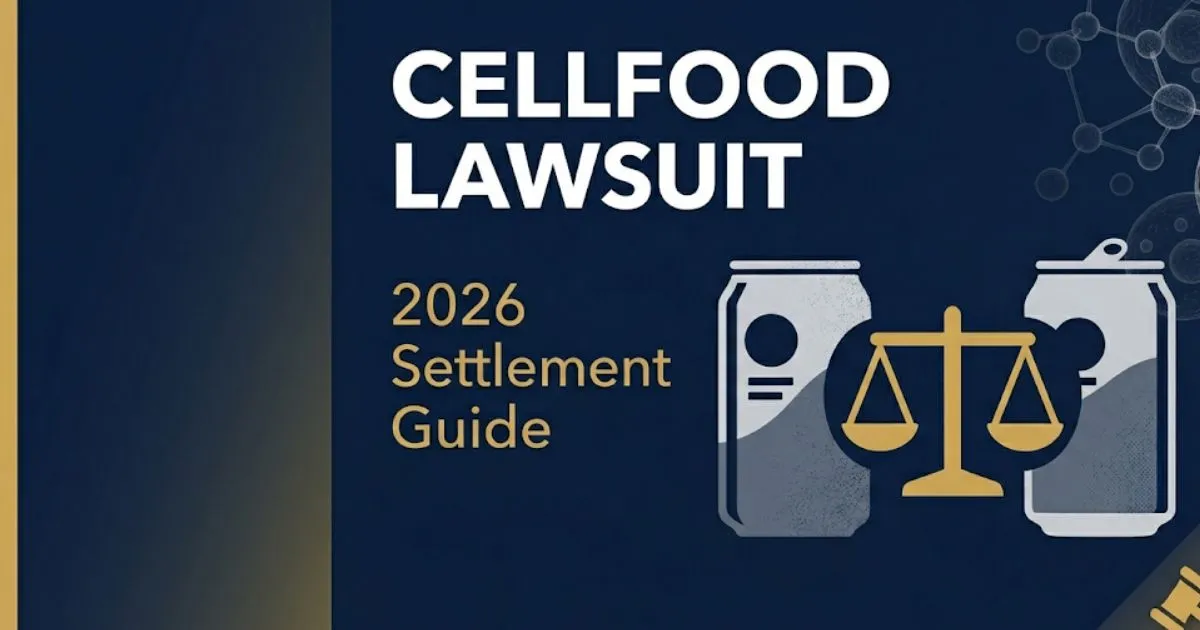 CellFood lawsuit 2026 settlement guide banner showing legal scales and cell pattern on navy background