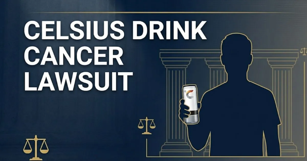 Celsius drink cancer lawsuit 2026 legal guide banner with courthouse silhouette and gold legal scale icons on navy background