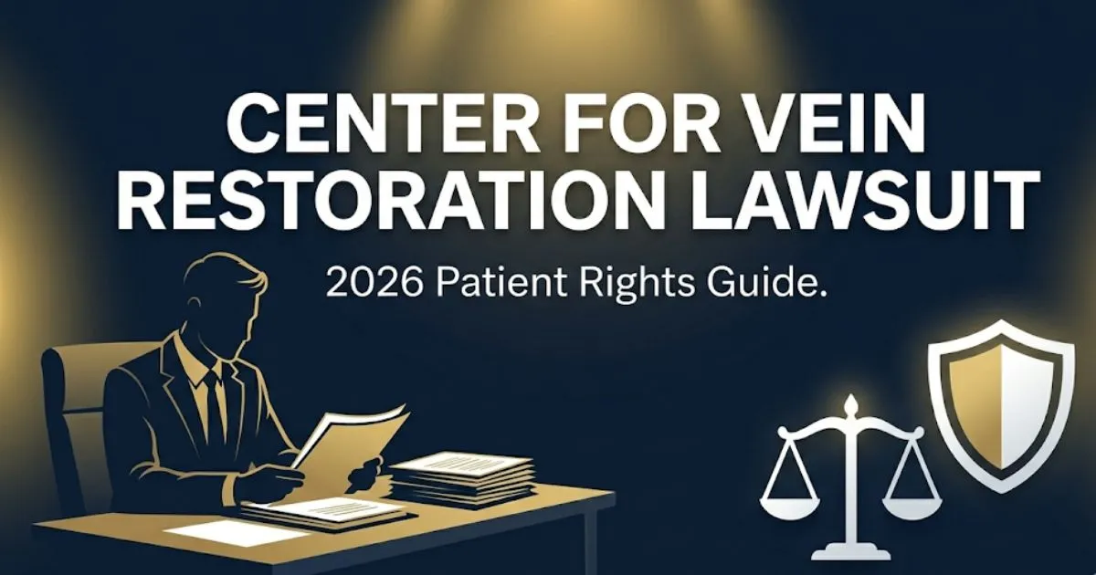 Center for Vein Restoration Lawsuit 2026 guide banner with legal scale icons and patient rights theme on navy background
