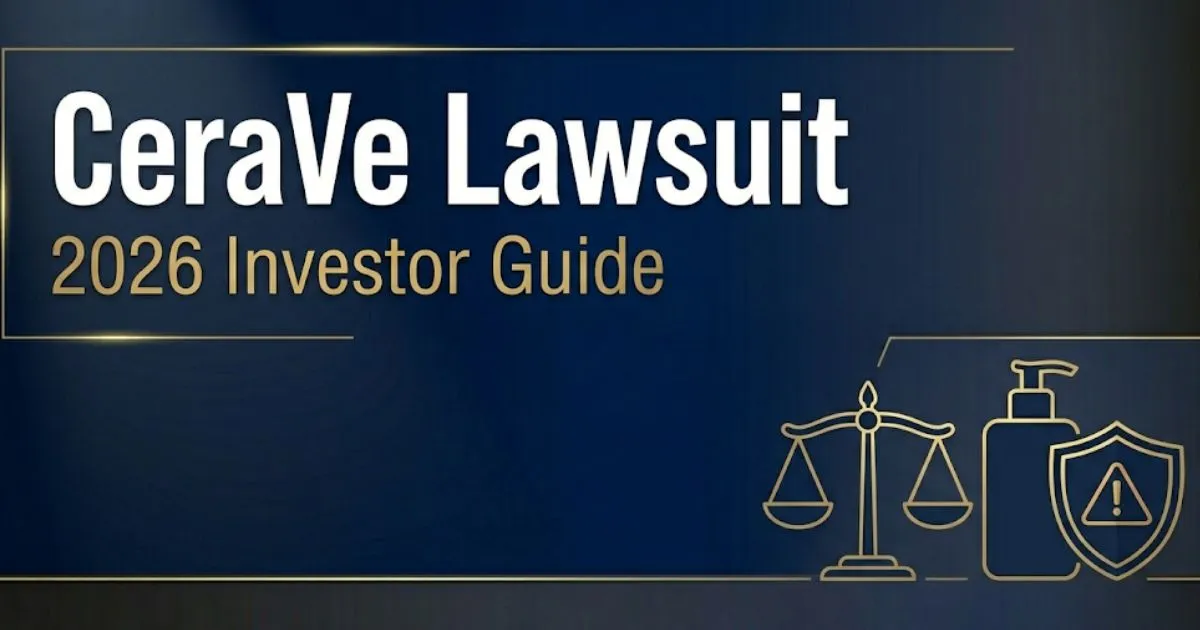 CeraVe Lawsuit 2026 editorial banner showing legal scales and skincare product icons on navy background
