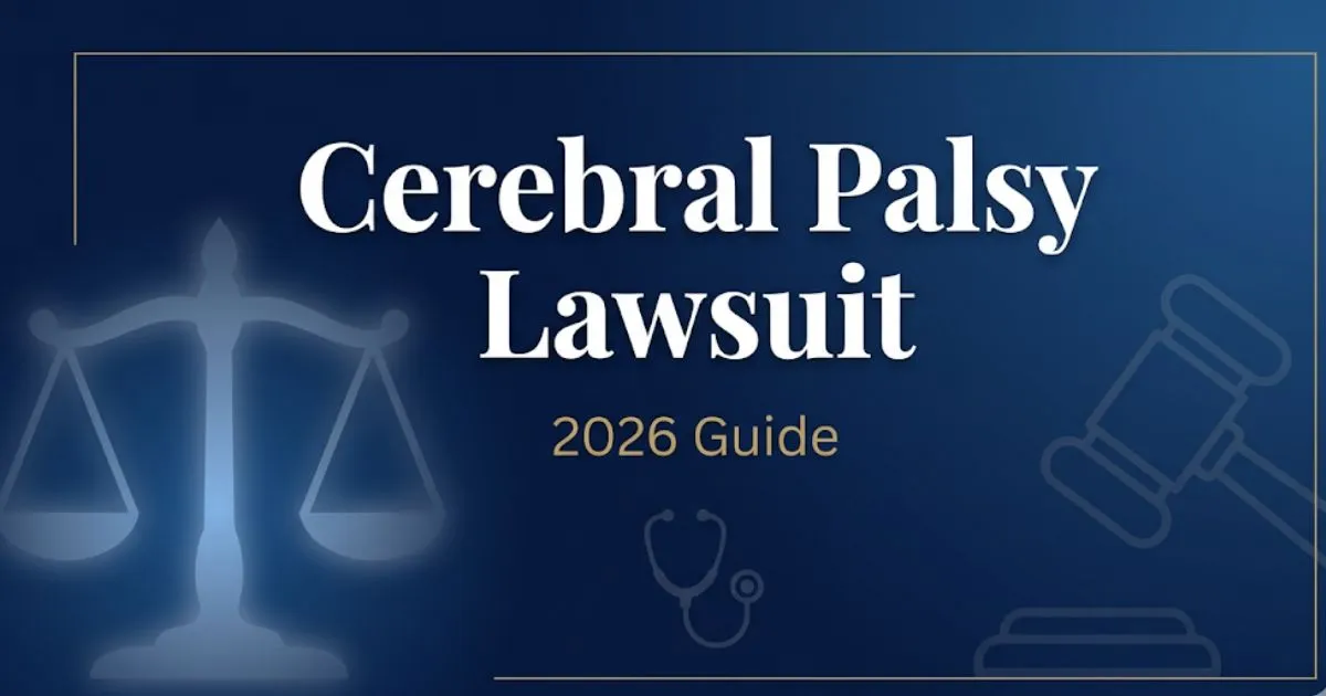 Cerebral palsy lawsuit 2026 guide banner with legal symbols and navy gold design