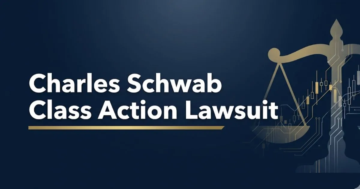 Charles Schwab class action lawsuit blog banner with scales of justice on navy background