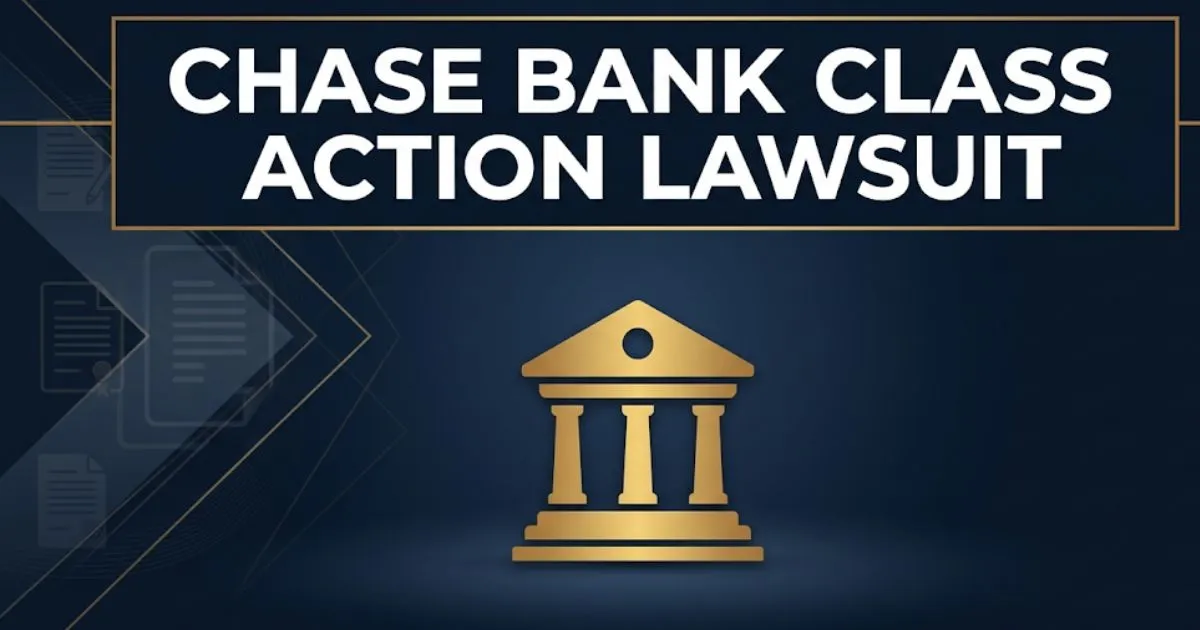 Chase bank class action lawsuit 2026 banner with courthouse icon and legal themed navy and gold design