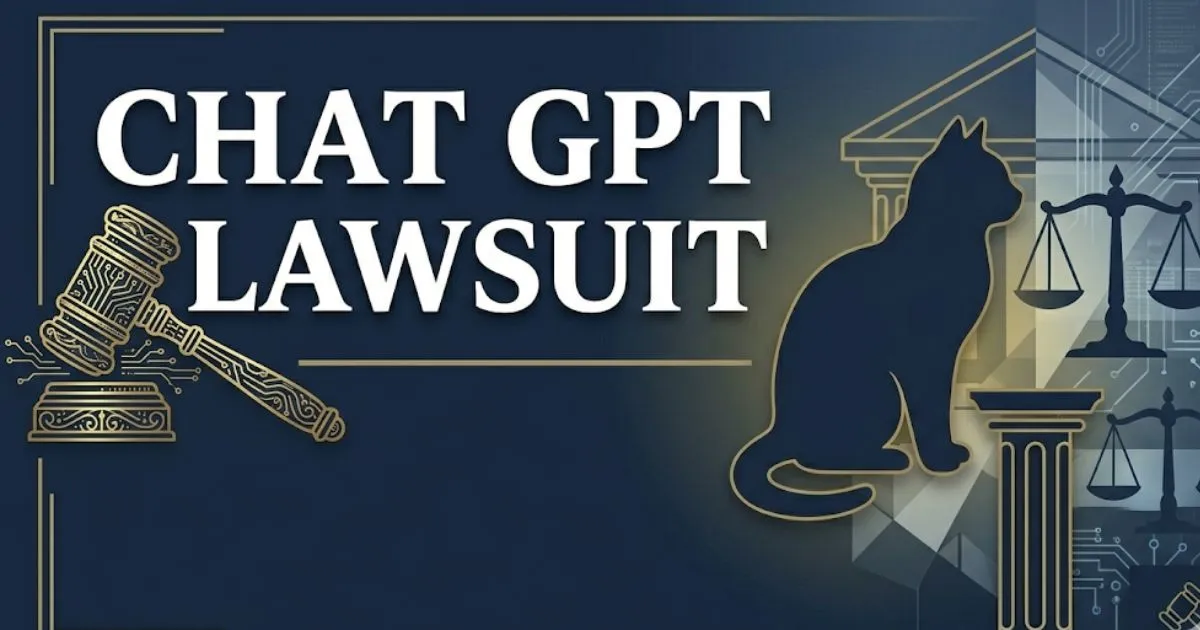 Chat GPT lawsuit 2026 legal banner with gavel icon and courthouse design elements