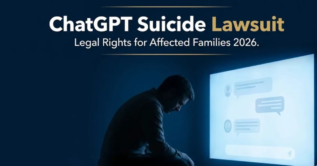 ChatGPT suicide lawsuit editorial banner showing legal accountability for AI chatbot harm in 2026