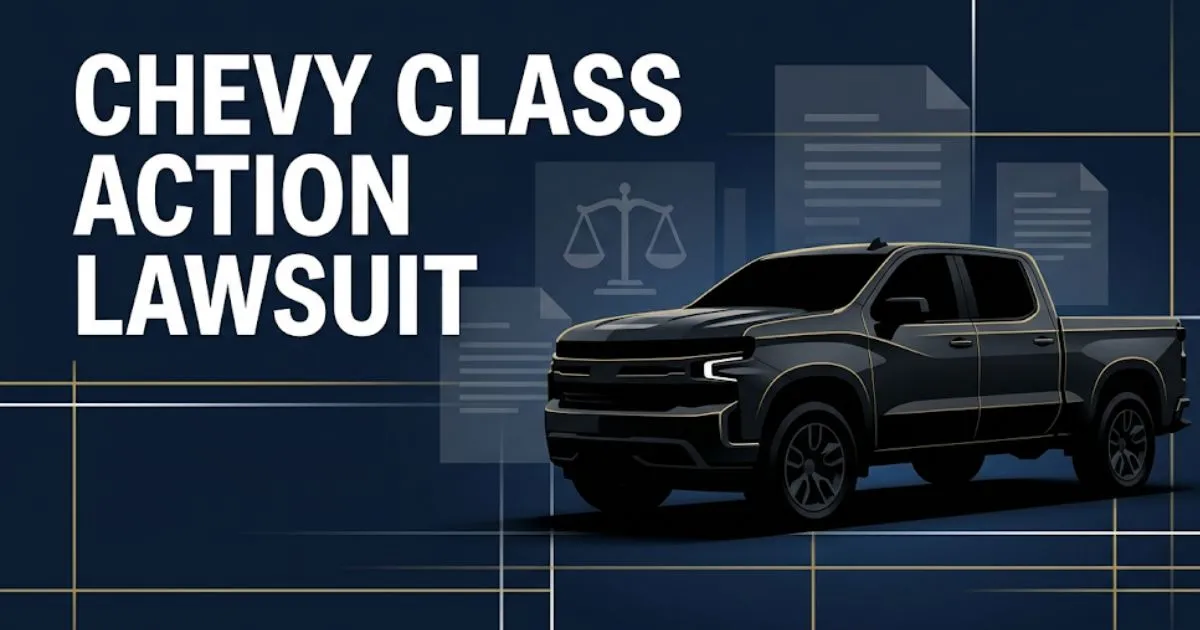 Chevy class action lawsuit 2026 hero banner with truck silhouette and legal symbols on navy background