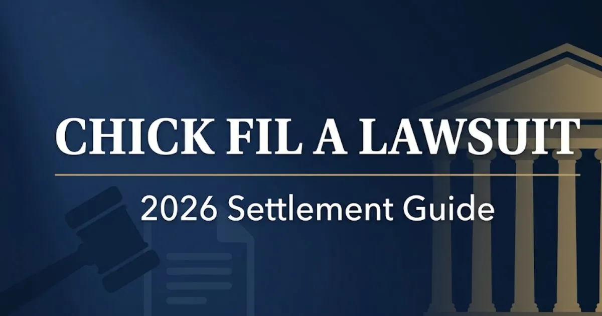 Chick fil a lawsuit 2026 settlement guide banner with courthouse silhouette and legal icons on navy background