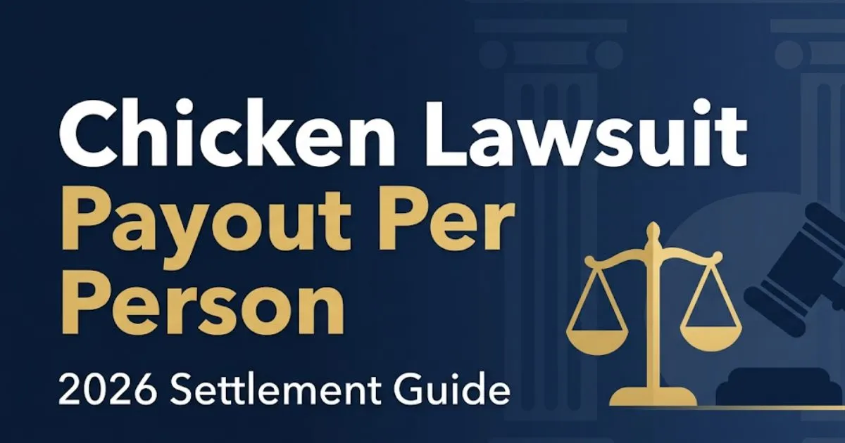 Chicken lawsuit payout per person 2026 settlement guide banner with legal scale and gavel icons on navy background