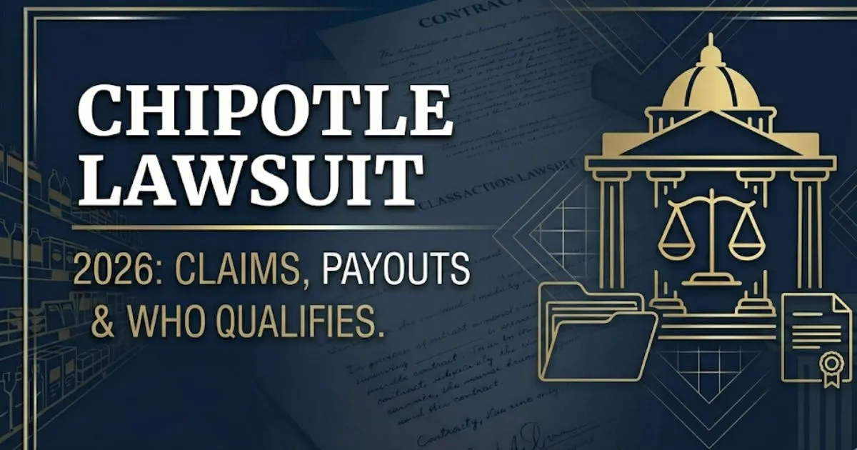 Chipotle lawsuit 2026 legal banner showing courthouse silhouette and settlement claims information on navy background
