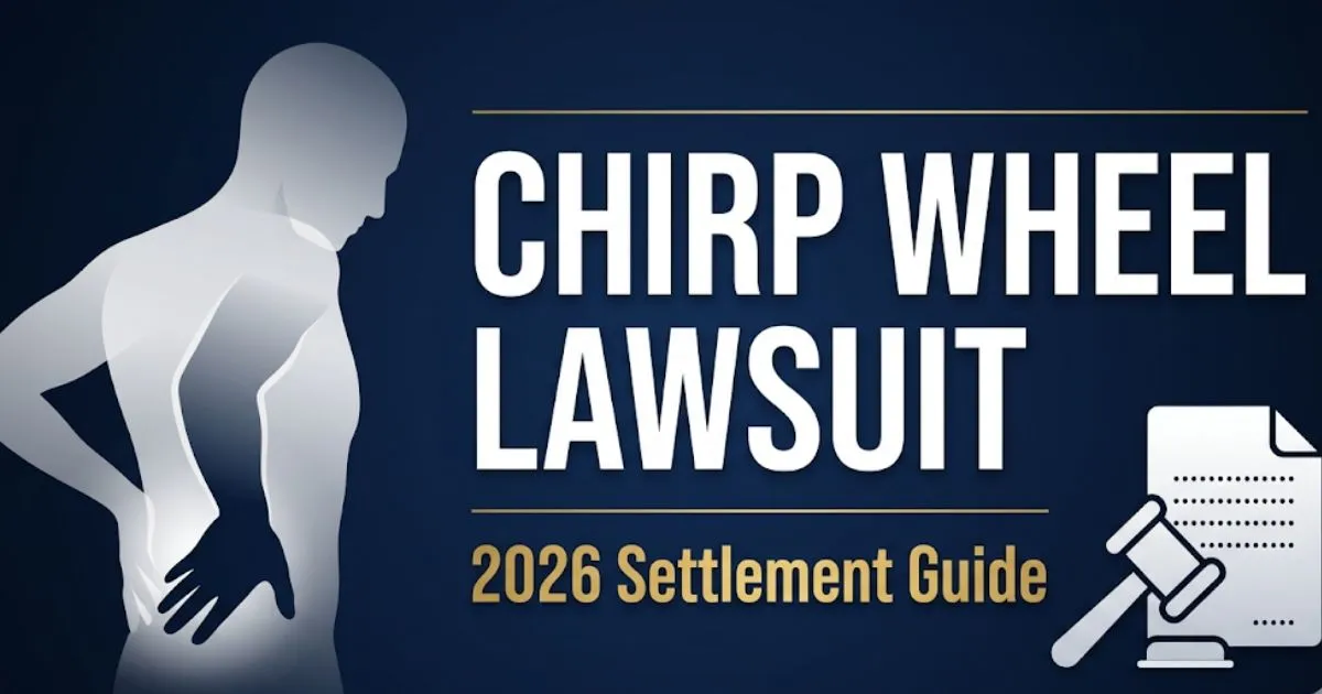 Chirp Wheel lawsuit 2026 settlement guide banner with legal gavel icon and back pain silhouette on navy background