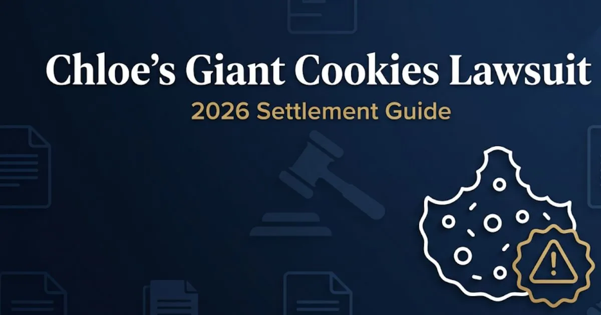 Chloe's Giant Cookies Lawsuit 2026 settlement guide banner with legal gavel icons on navy background