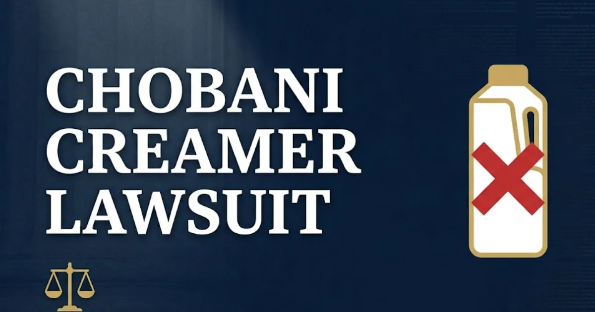 Chobani Creamer Lawsuit 2026 editorial banner with legal scales and creamer bottle icon on navy background