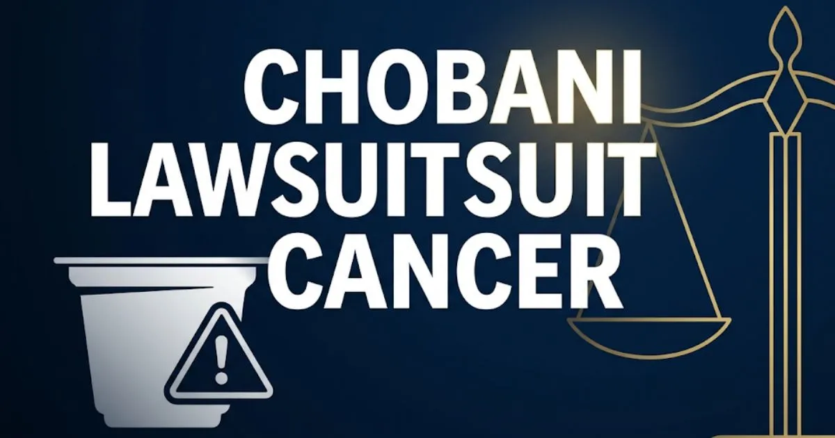 Chobani cancer lawsuit 2026 banner with legal scales and yogurt icon on navy background