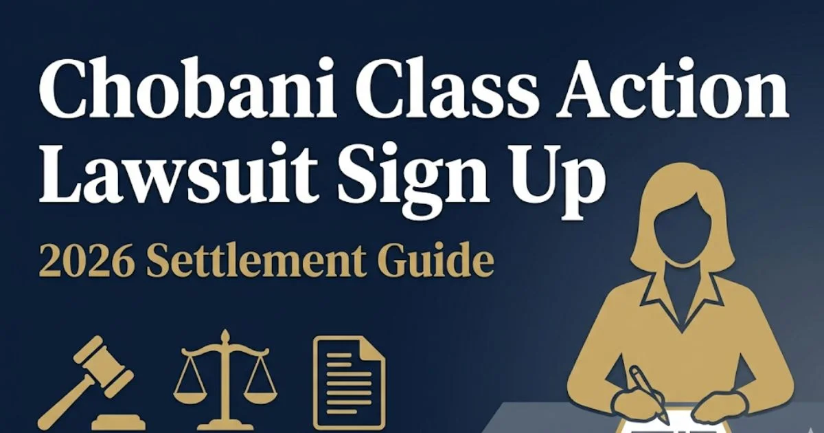 Chobani class action lawsuit sign up 2026 hero banner with legal icons and settlement guide headline on navy background