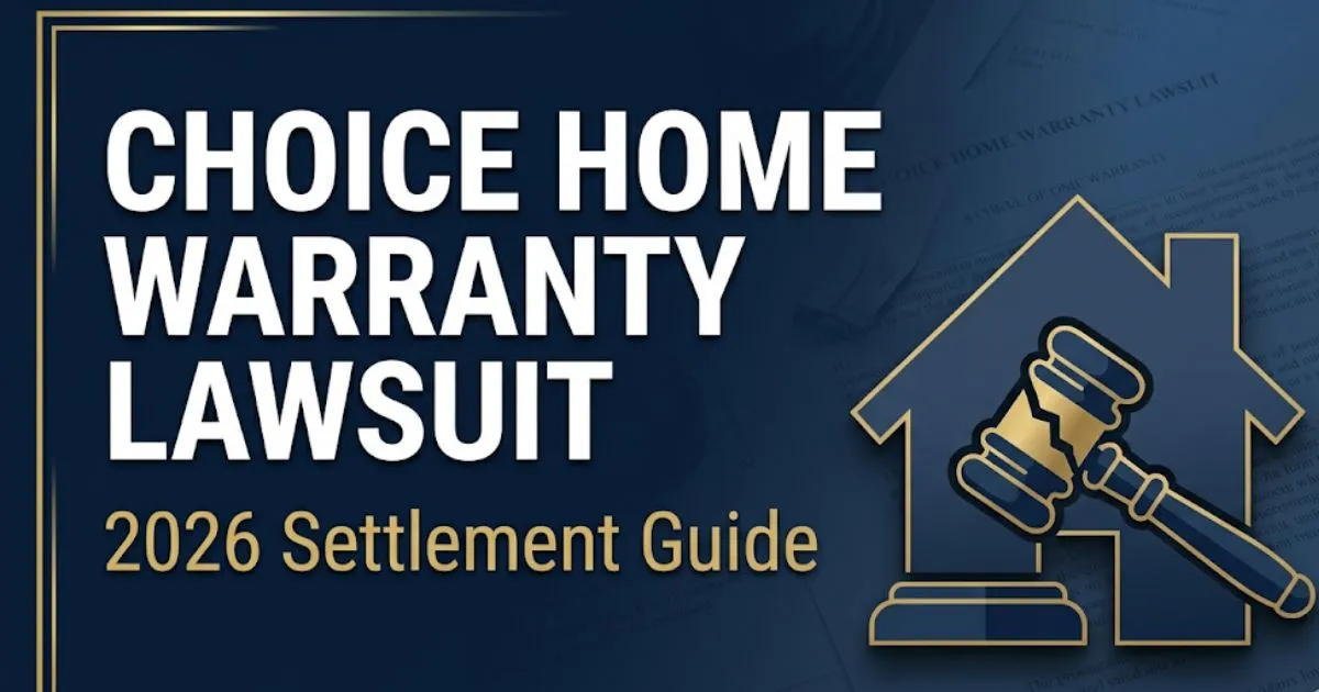 Choice Home Warranty Lawsuit 2026 settlement guide banner with legal house silhouette and gavel icon on navy background