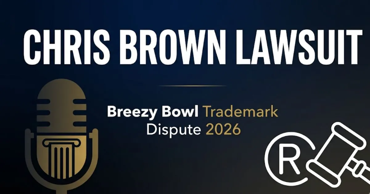 Chris Brown lawsuit 2026 Breezy Bowl trademark dispute editorial banner with legal symbols and navy background (1)