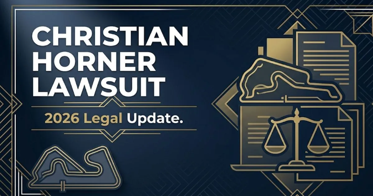 Christian Horner lawsuit 2026 legal update hero banner with scales of justice and F1 circuit silhouette