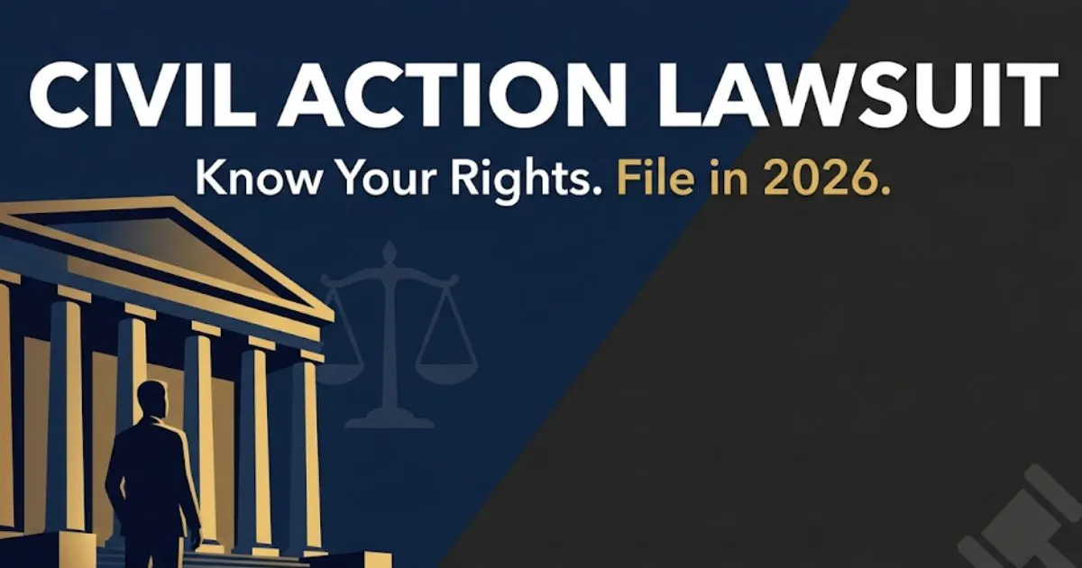Civil action lawsuit 2026 guide hero banner with courthouse silhouette, scales of justice, and bold legal text on navy background