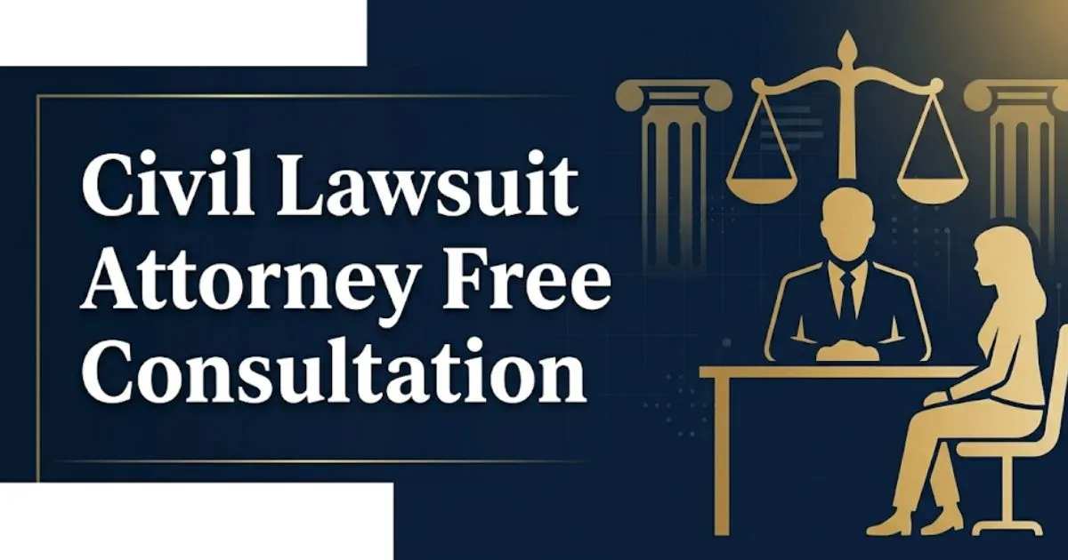 Civil lawsuit attorney free consultation guide 2026 banner with legal silhouettes and courthouse icons on navy background