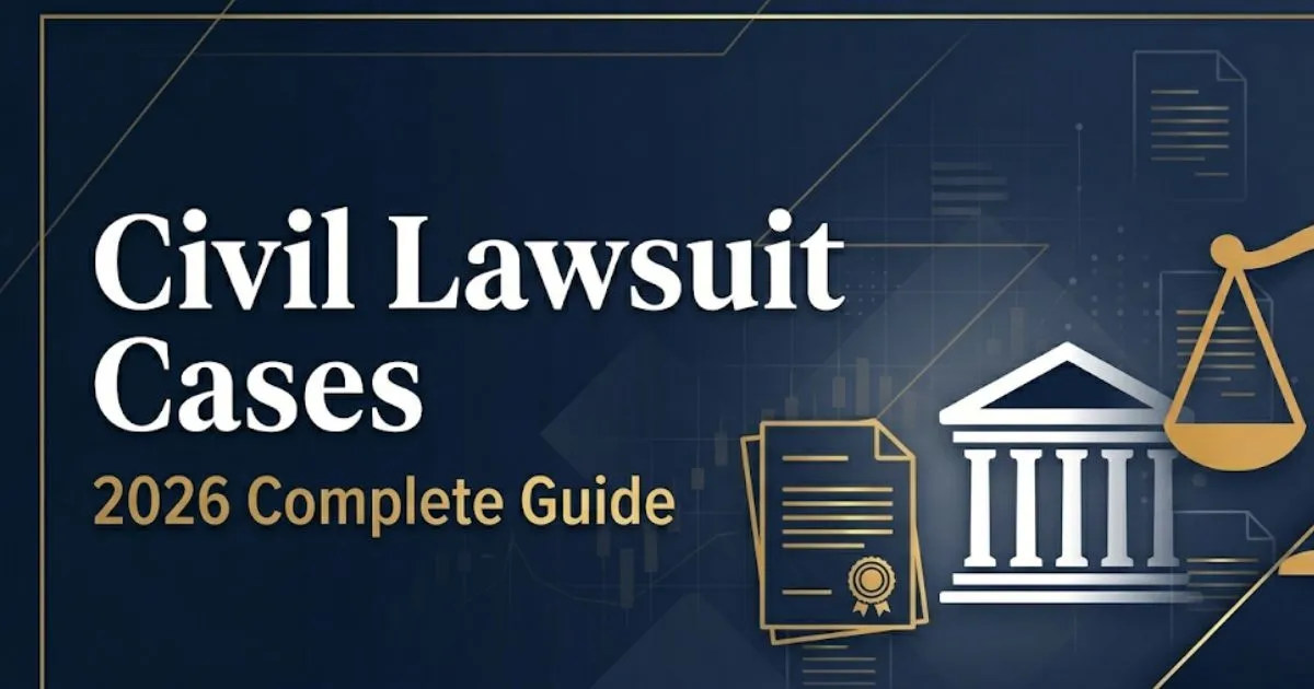 Civil lawsuit cases 2026 guide banner with legal scales and courthouse icons on navy background