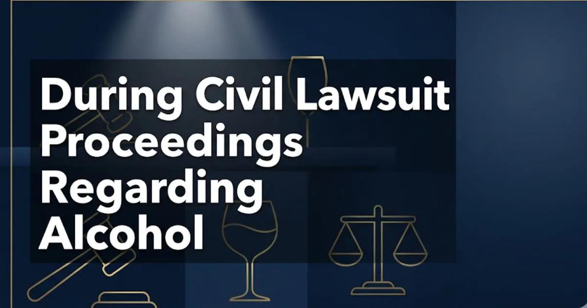 Civil lawsuit proceedings regarding alcohol blog banner showing gavel, scales of justice, and wine glass icons on navy background