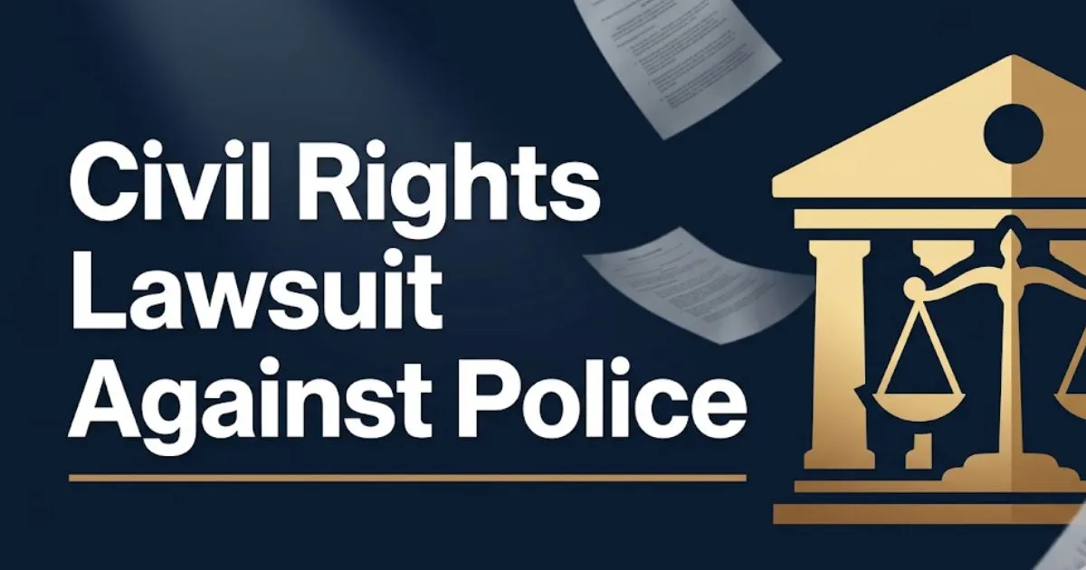 Civil rights lawsuit against police 2026 guide banner with courthouse silhouette and scales of justice icons