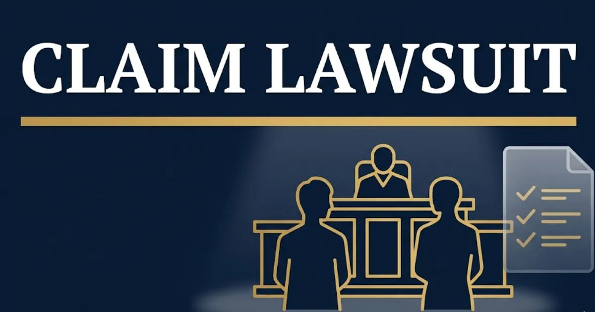 Claim lawsuit guide banner with bold headline text, courtroom silhouettes, and legal document icons on navy background